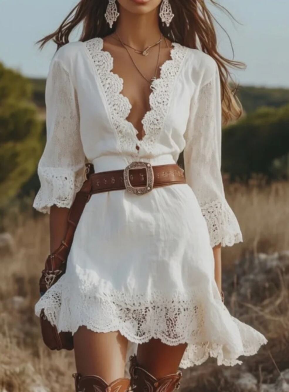 Oyrosy Chic Lace Mini Dress Womens XS White V-neck Mid-length Sleeve Belted NWT